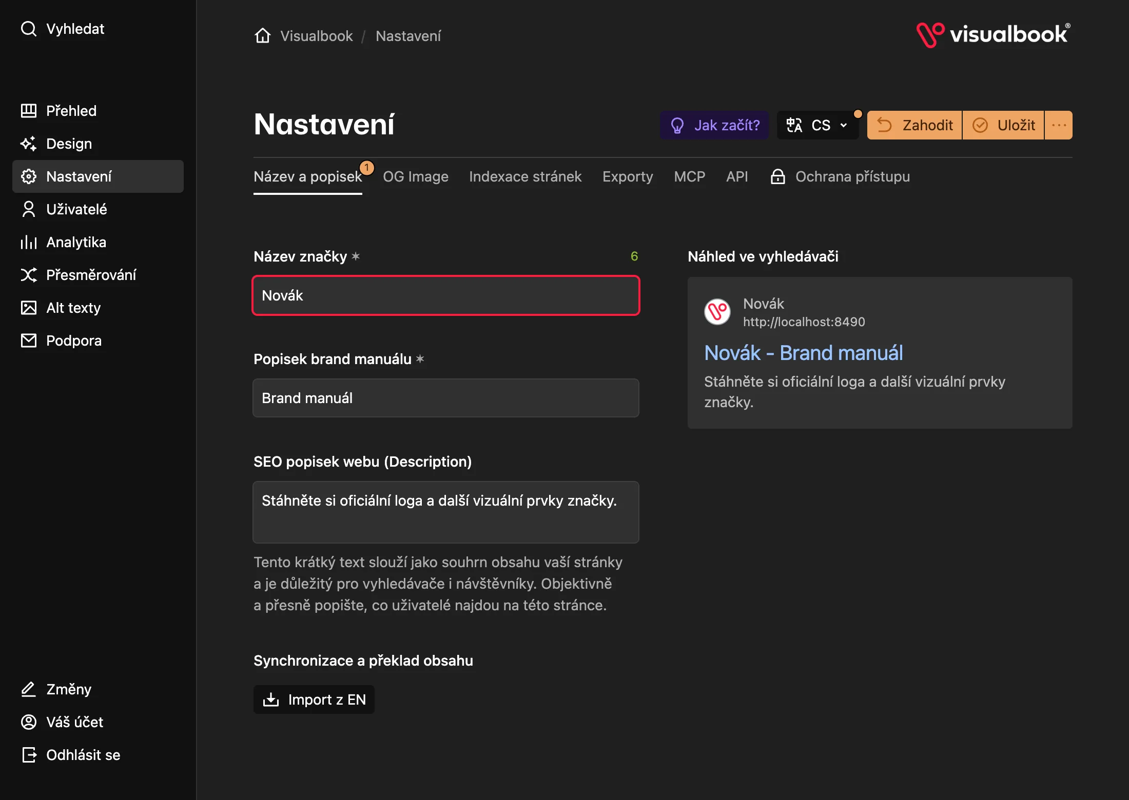 Po první změně se v hlavičce objeví Zahodit a Uložit. Dokud neuložíte, návštěvníci změnu nevidí.