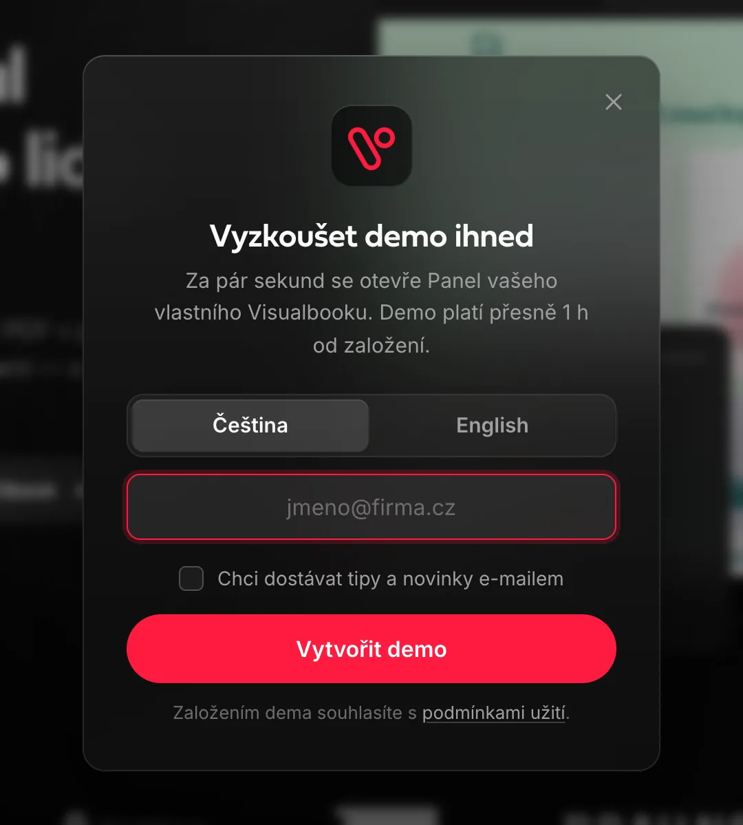Okno Vyzkoušet hned na visualbook.pro: jazyk dema, e-mail a Vytvořit demo.