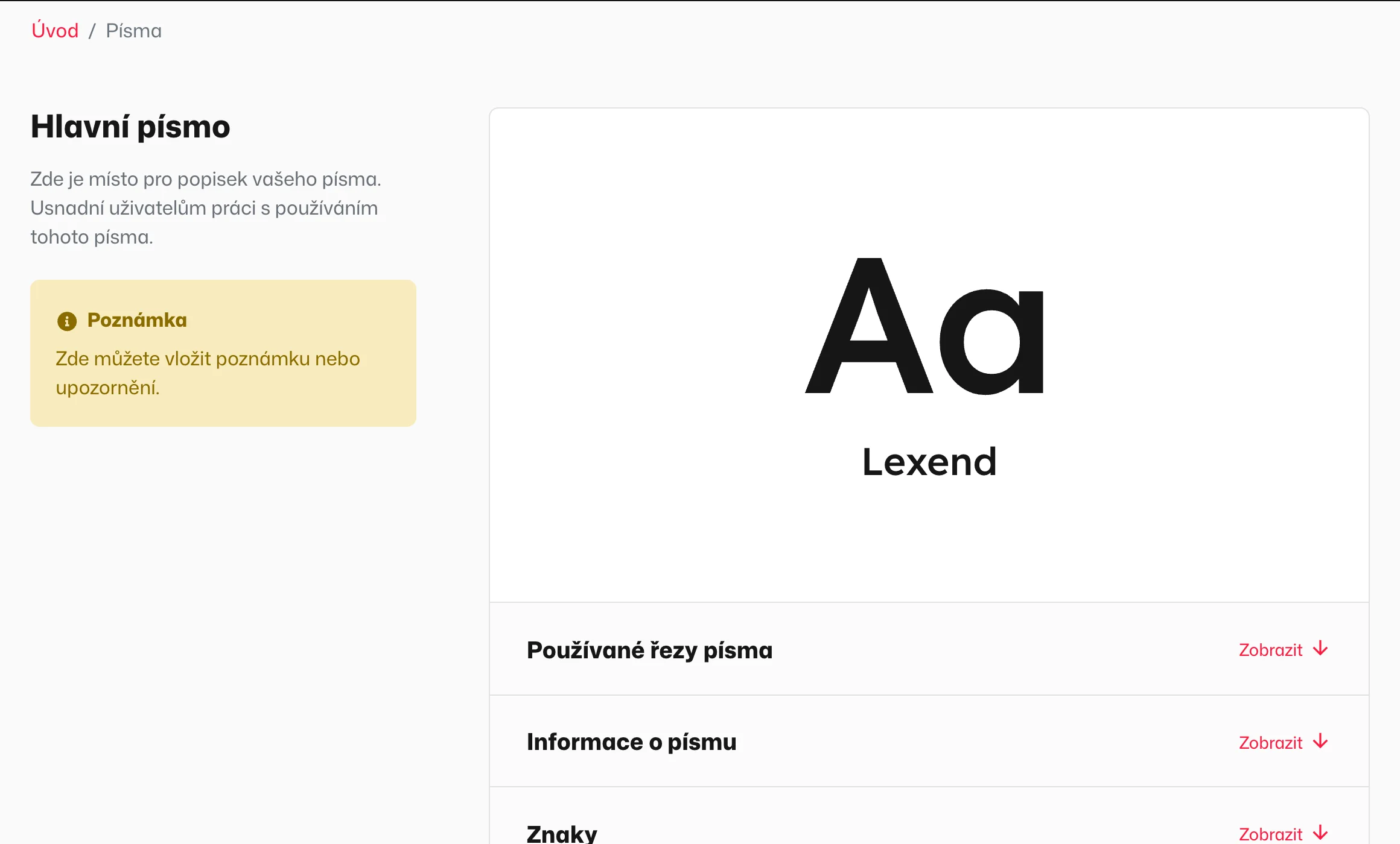 Stránka Písma v manuálu: ukázka písma, řezy, informace a znaky.