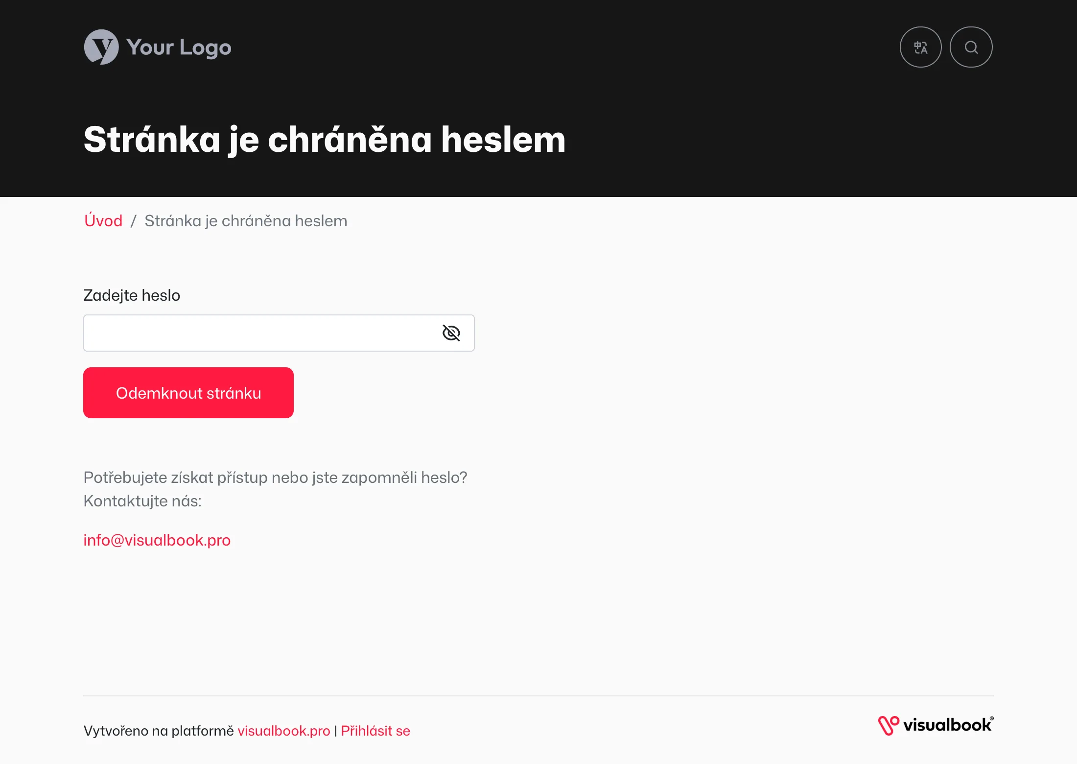 Zamčená stránka: pole pro heslo a pod ním nápověda s kontaktem.