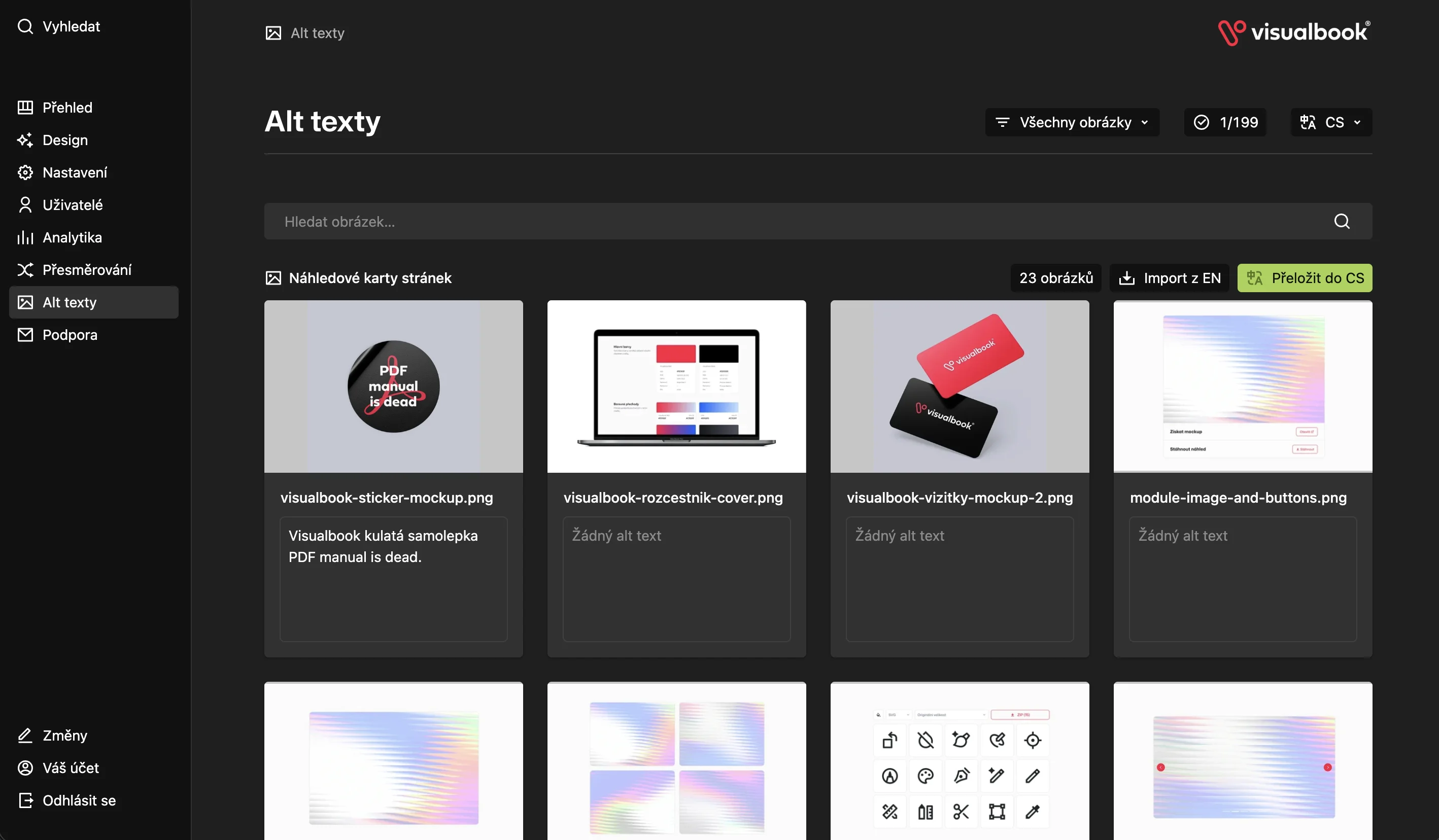 Admin panel Visualbooku – alt texty obrázků
